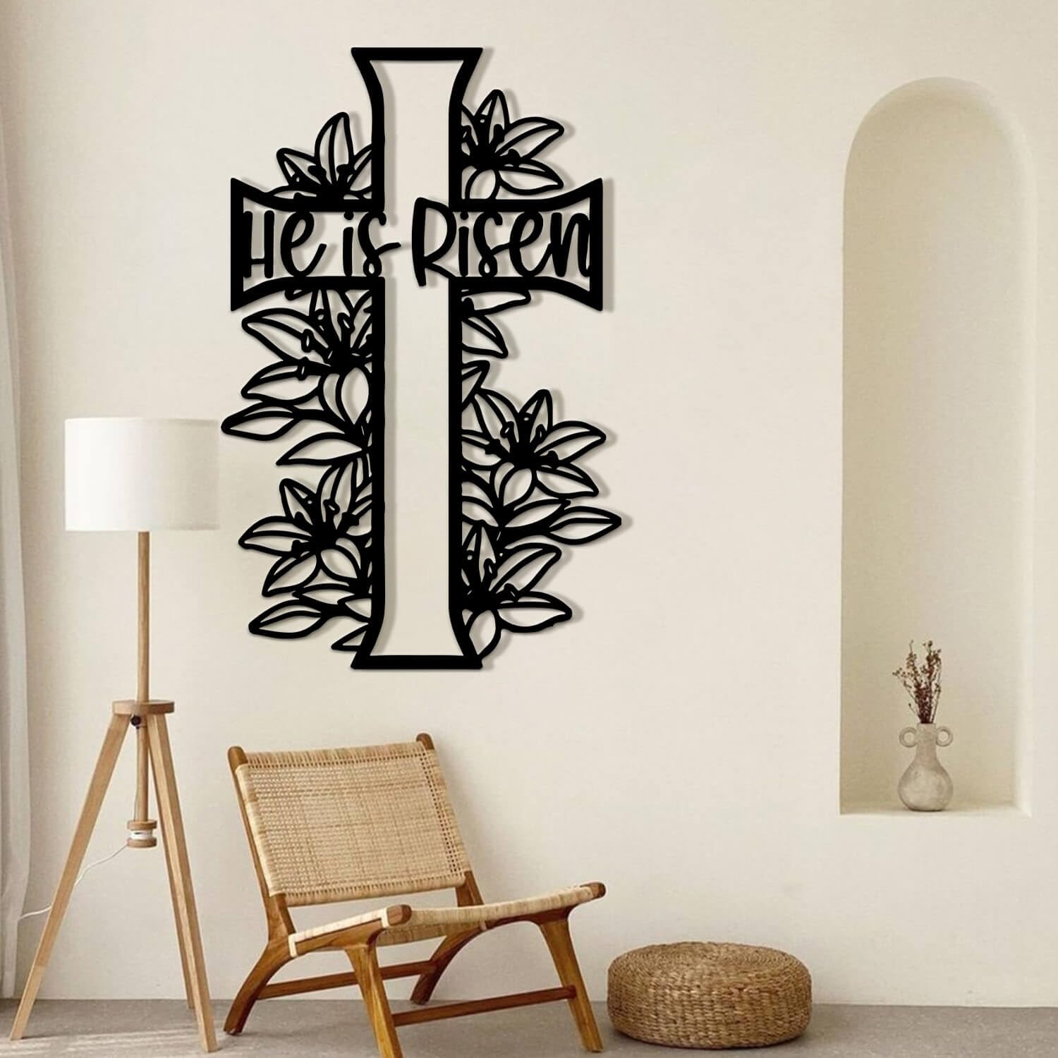 Metal Wall Art Sculpture Decor, He Is Risen Cross, Easter, religijny prezent do dekoracji wnętrz, duży chrześcijański krzyż do kościoła w salonie (złoty, 19 cali x 30 cali)