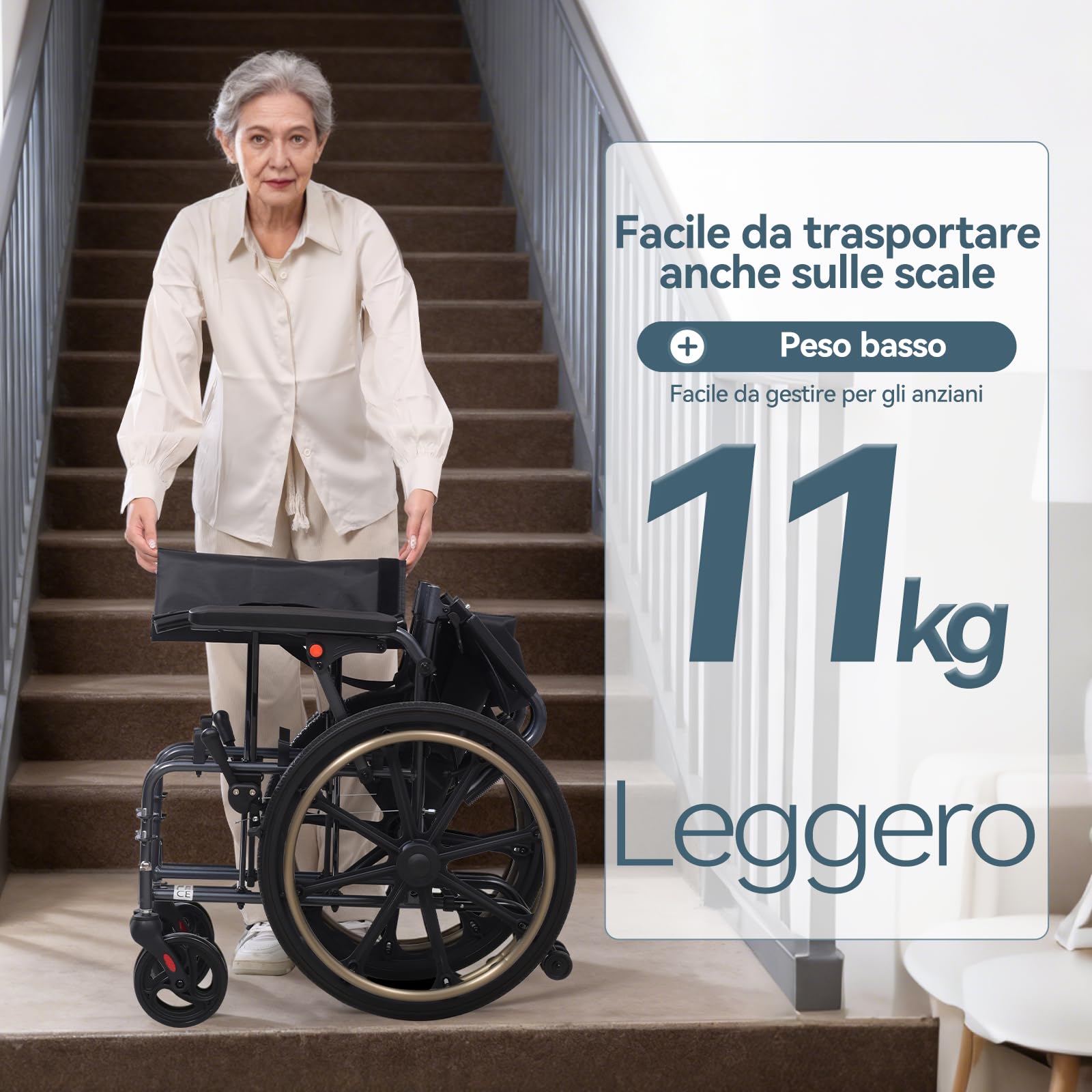 M4 Sedia a rotelle pieghevole autopropulsata per adulti(11KG), seduta ampia 46cm, con poggiapiedi rimovibili, ruote antiribaltamento e doppio sistema frenante, robusta e resistente, portata 100KG-Nero