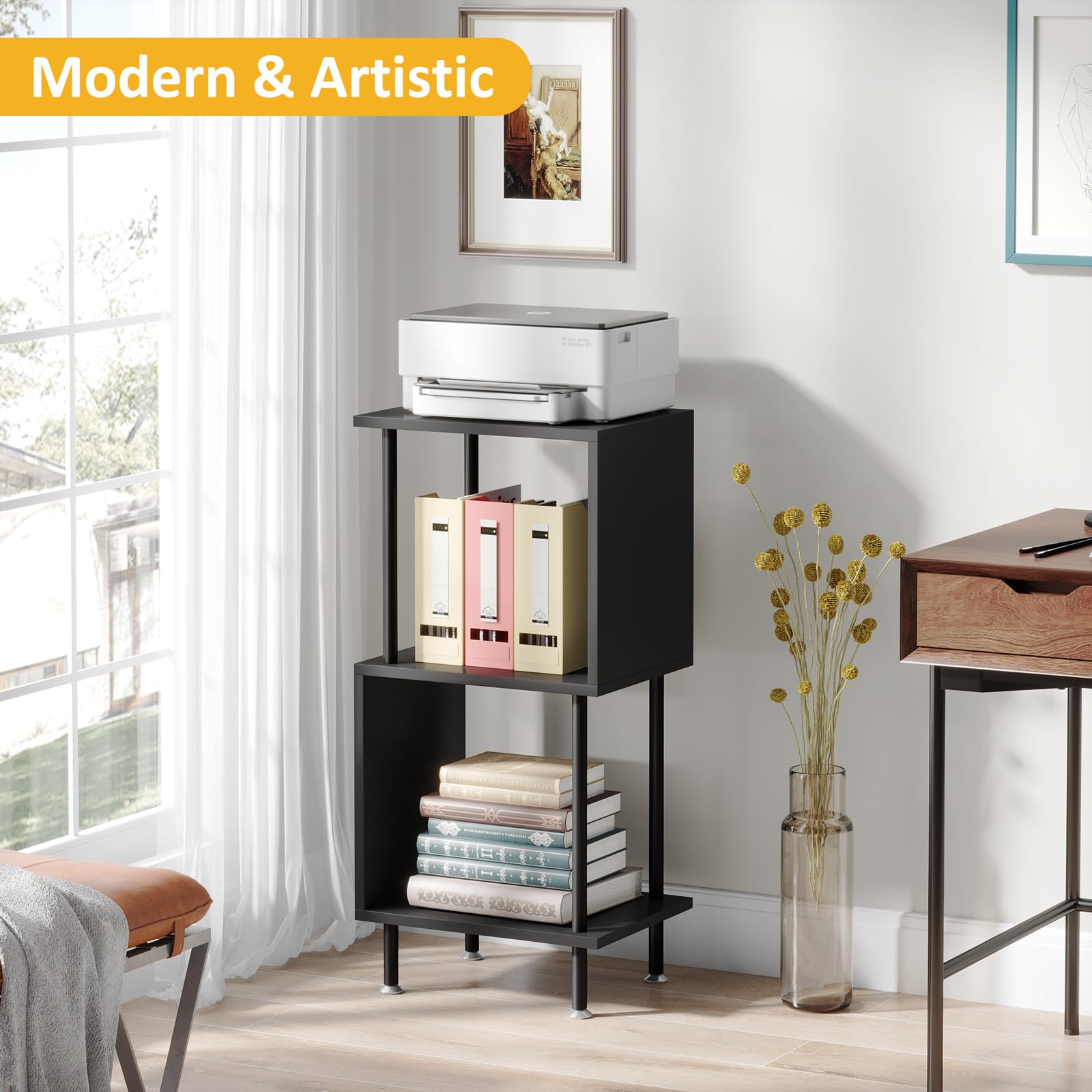 Book Shelf Bookcase, Modern Small Bookshelf for Small Spaces: S-Shaped Wooden Bookshelf Corner Bookshelf for Living Room Bedroom Home Office, Black Bookshelves and Bookcases Storage Organizer, 3-Tier