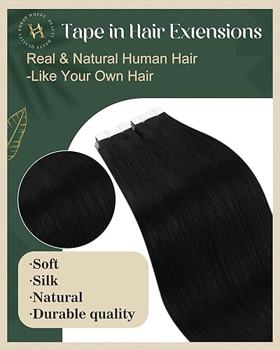 Miniatura 2 de Ugeat Extensiones de cabello humano con cinta invisible de color negro azabache, extensiones de cabello humano para cabello corto y lacio, 12