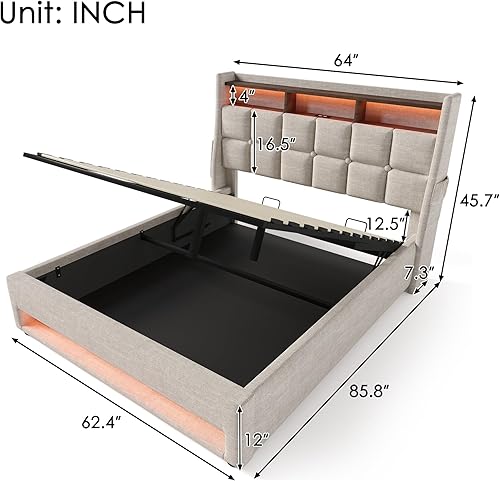 Miniatura 106 de Base de cama LED tapizada tamaño Queen, plataforma flotante de terciopelo con cabecero, MDF moderna y cama de madera contrachapada (beige-081)