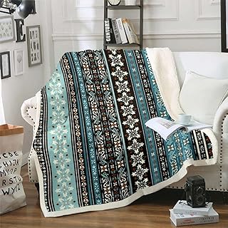 Erosebridal Exotic Flowers Blanket Boho Floral Throw Blanket for Boys Girls,Ethnic Tribal Baroque Fleece Blanket Vintage Moroccan Teal Striped Blanket 40