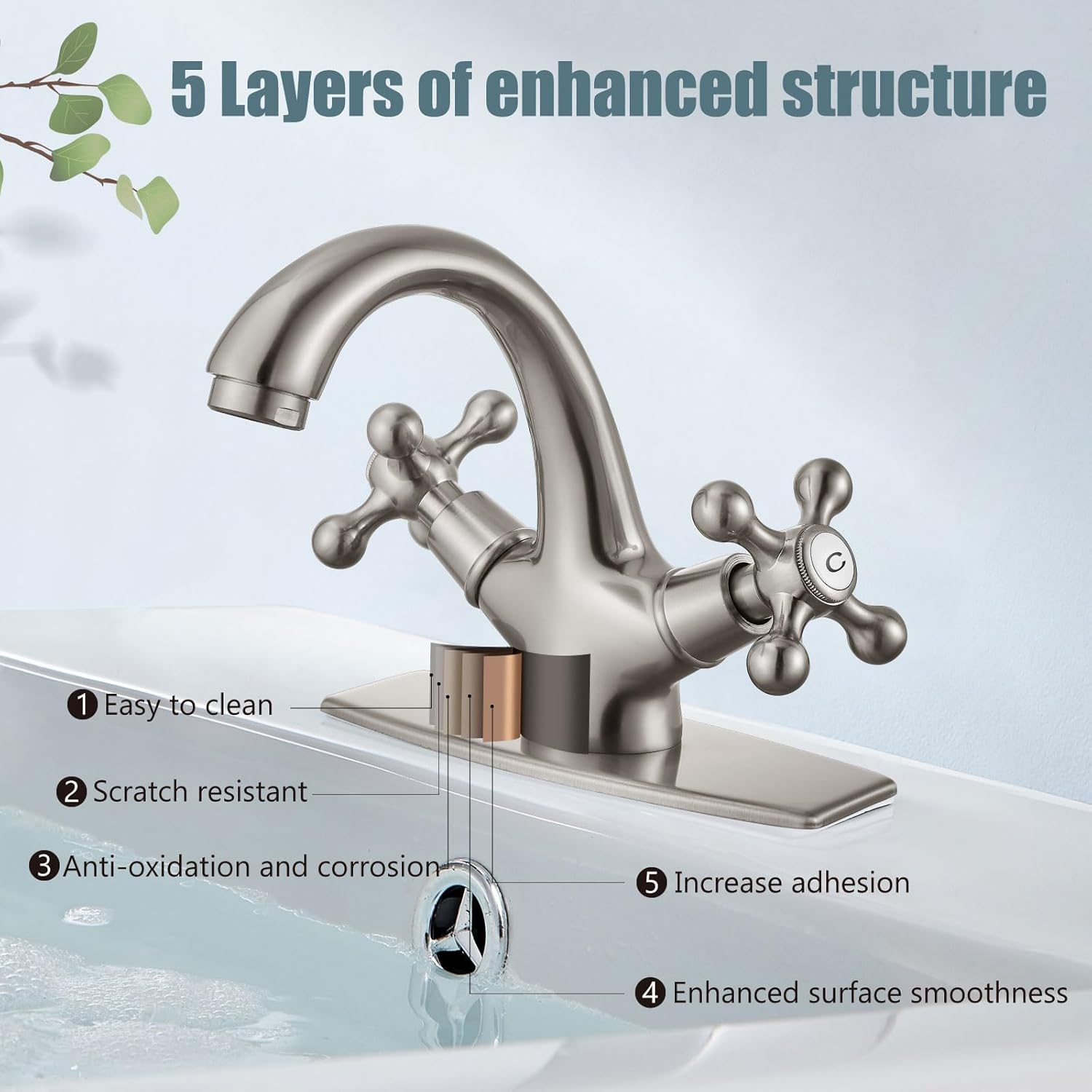 Aolemi Bathroom Sink Faucet Single Hole Cold and Hot Double Handle Cross Knobs Vanity Vessel Sink Basin Mixer Tap with Deck Cover Plate with Pop Up Drain Brushed Nickel