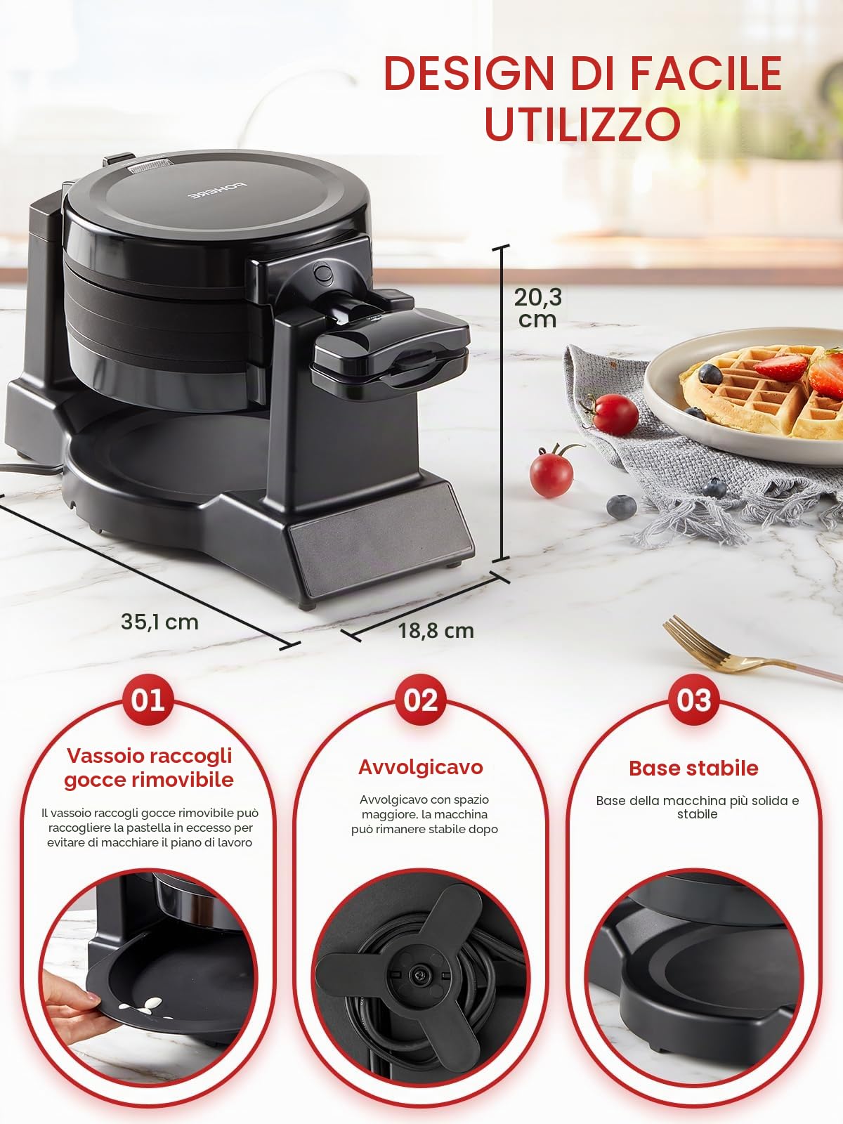 Waffle Maker, 1400 W doppio waffle belga 180° Flip, 8 fette in 3 minuti, piastre girevoli e antiaderenti, antigraffio, vassoio antigoccia rimovibile facile da pulire, manico fresco al tatto,