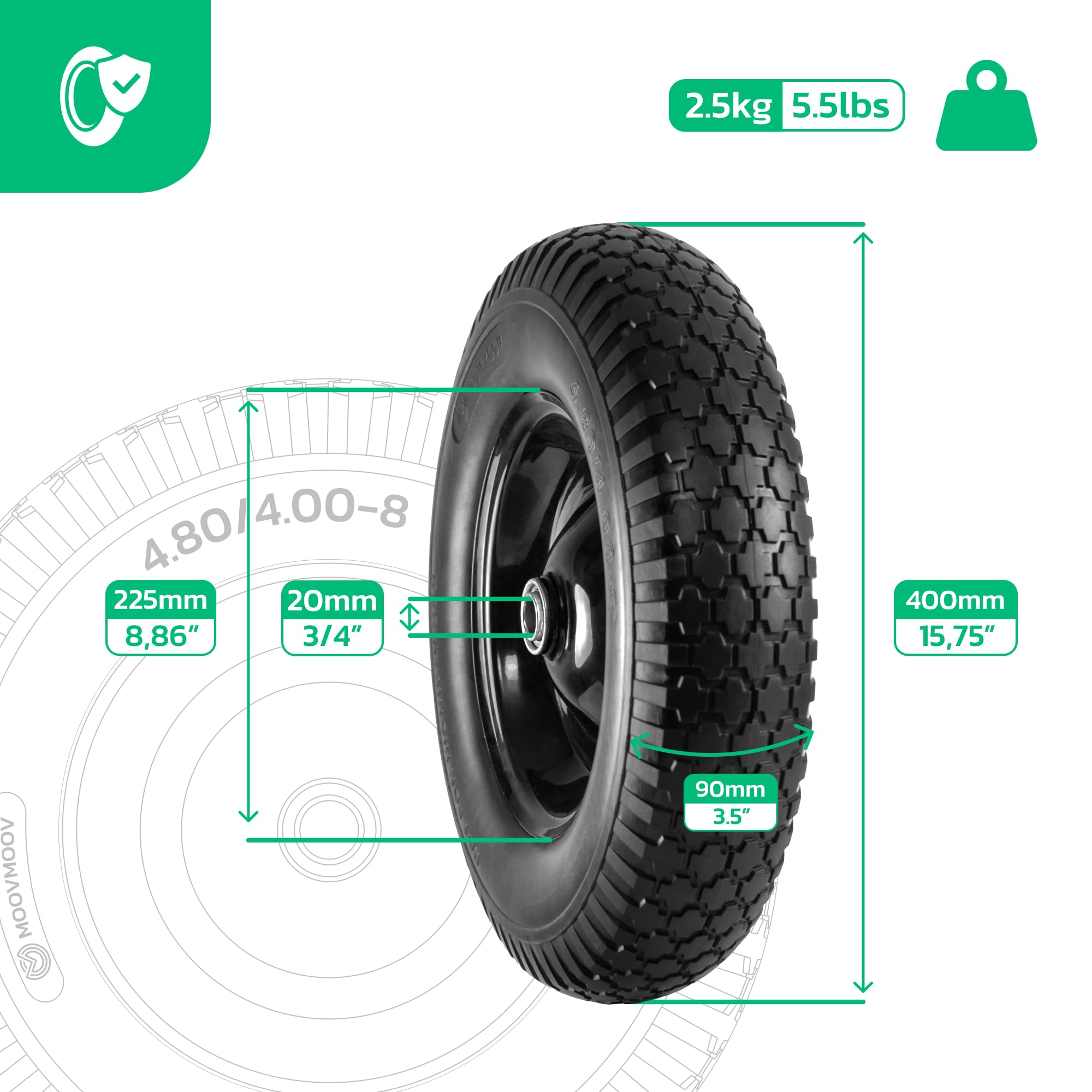 Ruota per Carriola Anti-Foratura 4.80/4.00-8 con Cerchio in Acciaio - Ruota Piena 400x100 per Carriola, Etc. - Carico Max 150 kg - Include Distanziali in Nylon - Foro da 20 mm - MOOVMOOV