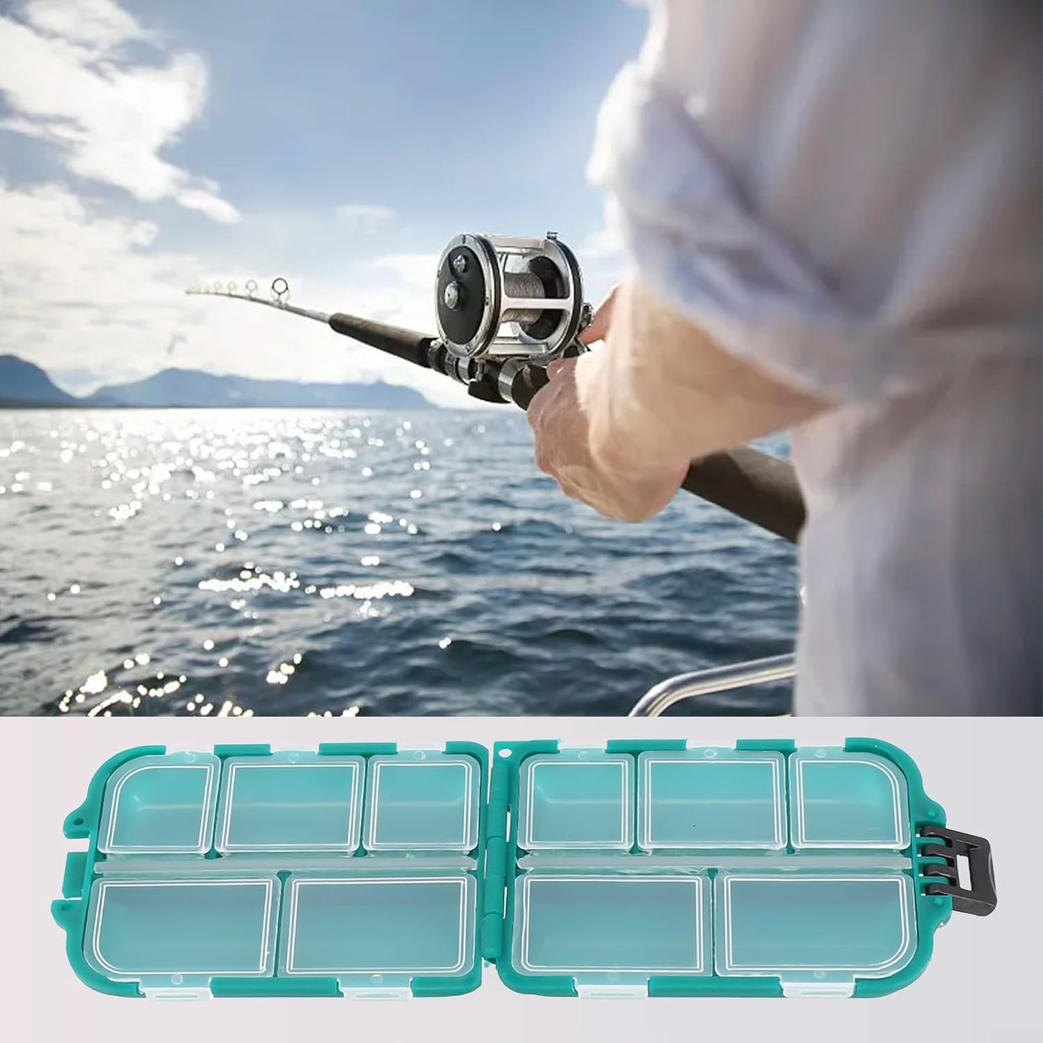 Portable Fishing Tool Case, Fishing Hook Storage Box with 10 Grids, Bait Organizer Case for Lures and Hooks, Waterproof ABS Tackle Box, Compact Accessory Container for Outdoor Anglers(Black)