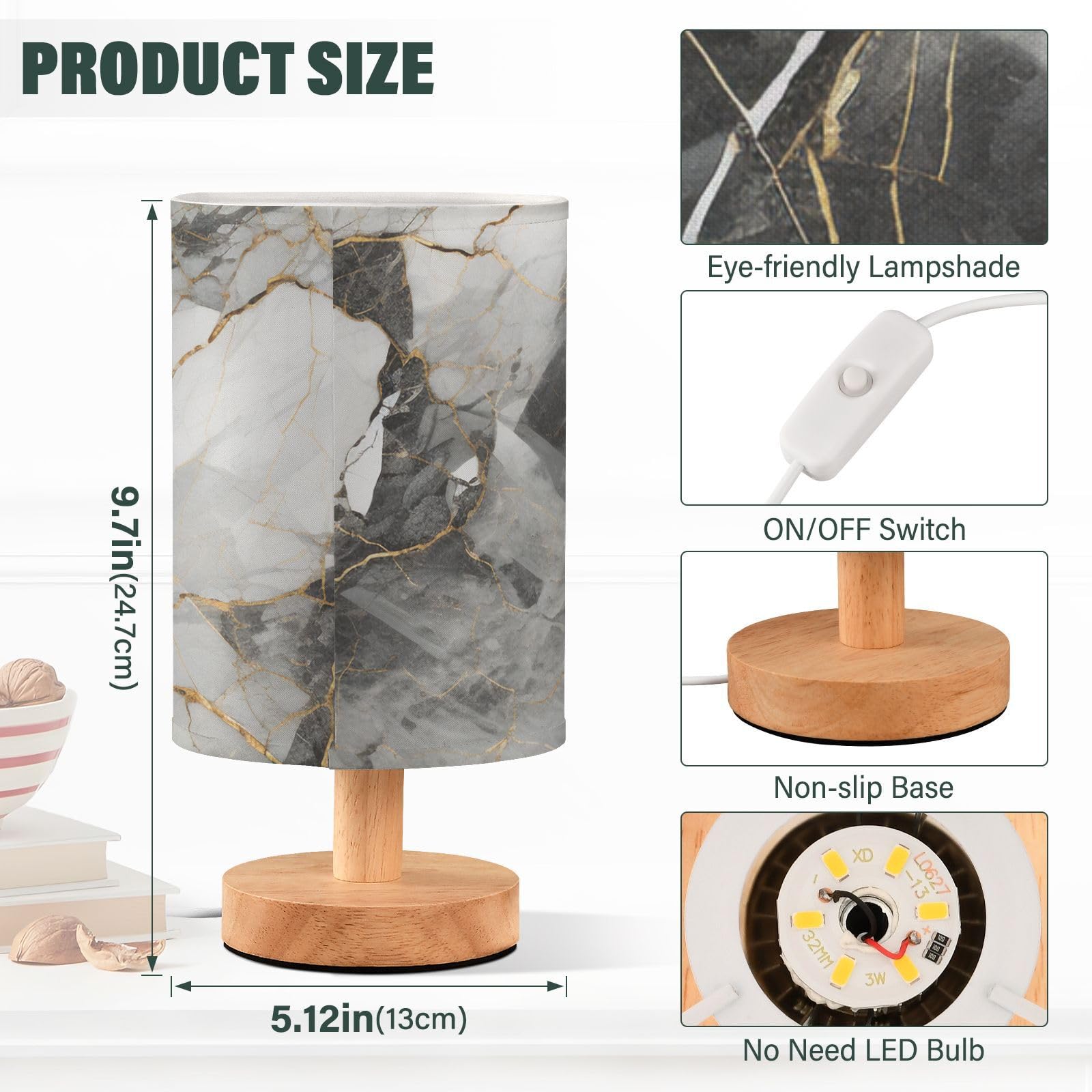 Mnsruu Bedside Table Lamp Grey Marble Gold Fluid Black Marble Bedside Lamps LED Light Desk Lamp Fabric Shade Small Lamp for Bedroom Living Room (Bulb Included) - Image 3