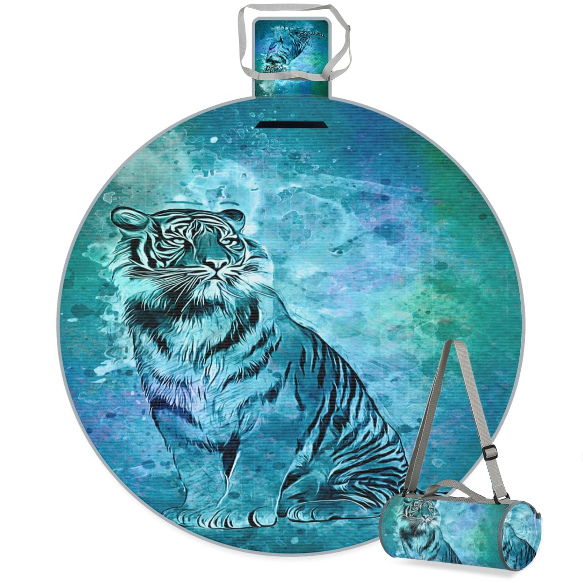Shimoshe Watercolor Tiger Picnic Outdoor Blanket Foldable Waterproof Sandproof Beach Blanket Portable Water-Resistant Round Picnic Mat for Travel Camping Park Lawn