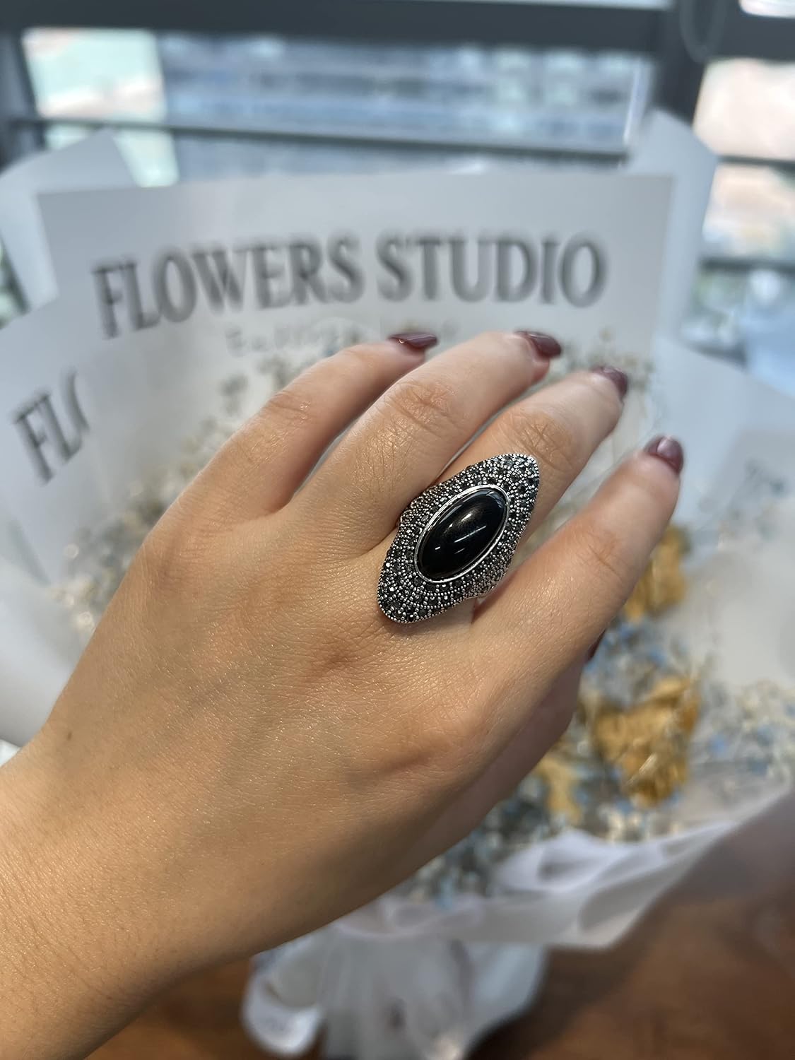 Mytys Retro Vintage Cocktail Statement Ring Black Marcasite & Crystal Rings for Women Antique Silver Big Black Onyx Stone Ring - Image 3