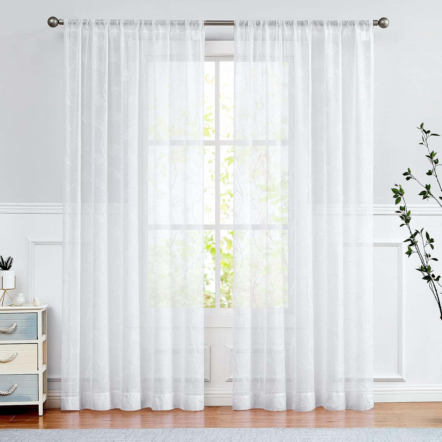 Lazzzy White Sheer Curtains Leaf Embroidered 90 Inch Long for Living Room Bedroom Rod Pocket Voile Window Drapes 2 Panels