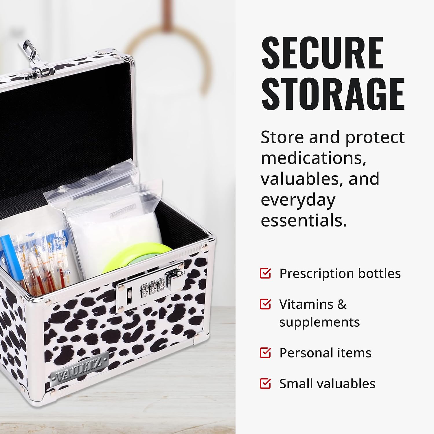 Vaultz Locking Medicine Box with Combination Lock - Secure Metal Lock Box Safe for Medication, Pills & Valuables, Small Lockbox with Code, Portable Storage Case, Leopard image 4