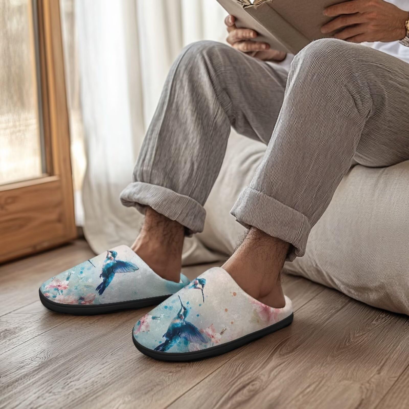 Jeiento Pantuflas de punta cerrada para mujer, diseño de colibrí, antideslizantes, esponjosas, para invierno, para interiores