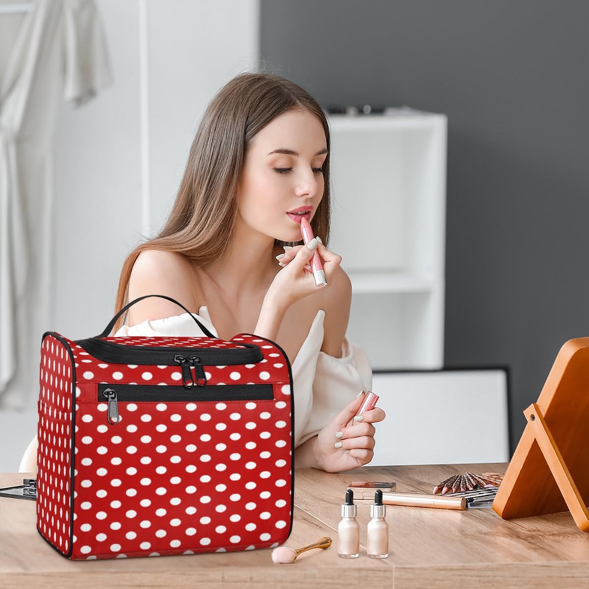 White Polka Dot Red Background Toiletry Bag for Women, Hanging Travel Toiletry Bag, Water-resistant Cosmetic Makeup Organizer for Toiletries and Cosmetics, Bathroom Shower Bag with Handle and Hook - Image 7