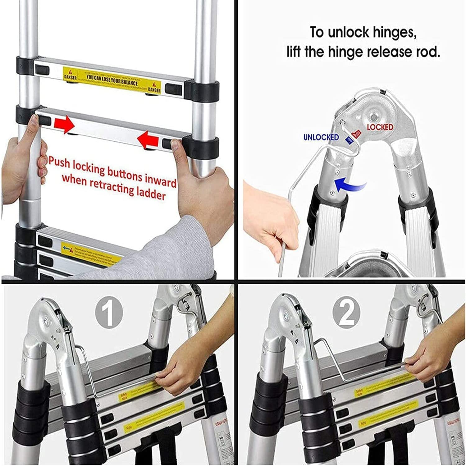 Telescoping Ladder, 8.5ft Aluminum Extension Ladder With Non-Slip Feet, Portable Lightweight Compact Telescopic Ladder EN131 330lbs Max Capacity, Multi-Purpose RV Ladder For Outdoor Indoor Work