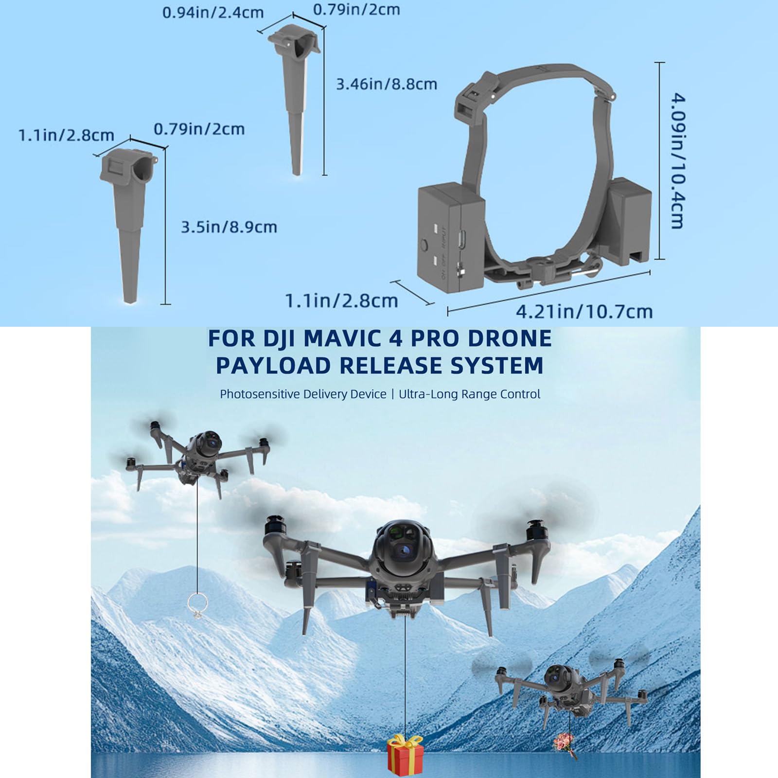 Système de largage de drone LICHIFIT avec atterrissage pour DJI Mavic 4 Pro Éjecteur photosensible Transport Livraison Libération de charge utile Dispositif de largage aérien Jambes étendues