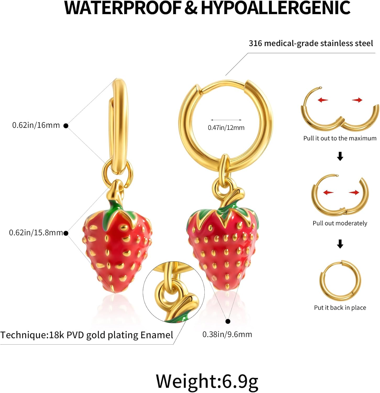 Gold Dangle Earrings for Women Red Cherry/Strawberry/Chili Pepper Fruit Earrings Stainless Steel Hypollergenic Hoop Earring Lightweight Cute Earrings for Woman - Image 5