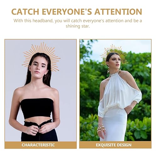 Miniatura 2 de Mobestech Diadema con halo de espigas corona de hoja tocados de doble capa para mujeres estilo bosque diosa decoración de cabello ángel dorado para