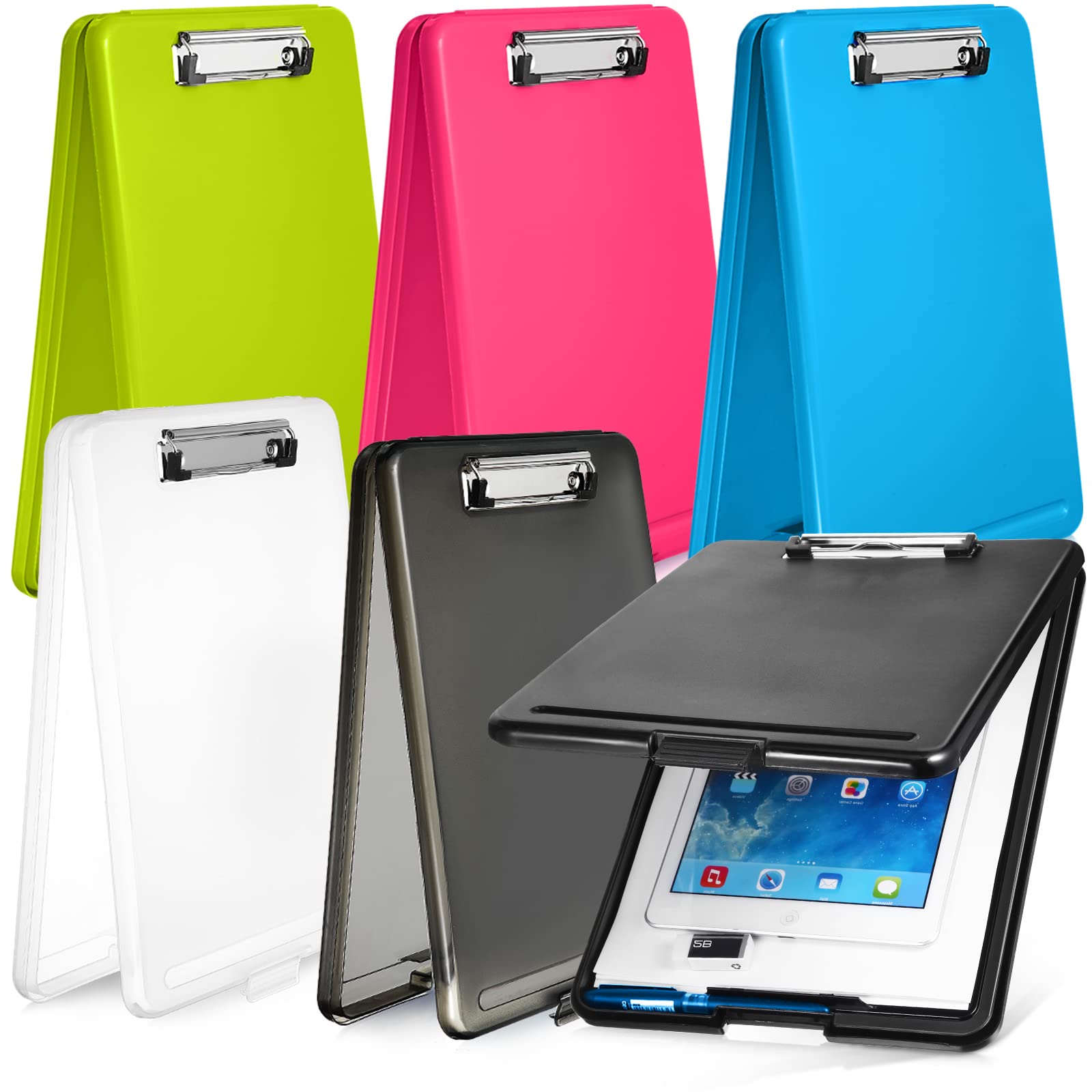 6 Pieces Clipboard with Storage Plastic Storage Clipboard Nursing Clipboard Clip Boards with Storage Foldable Clipboard with Compartment Clipboard Storage with Metal Clip ,Letter Size 9.5 x 13.5 Inch