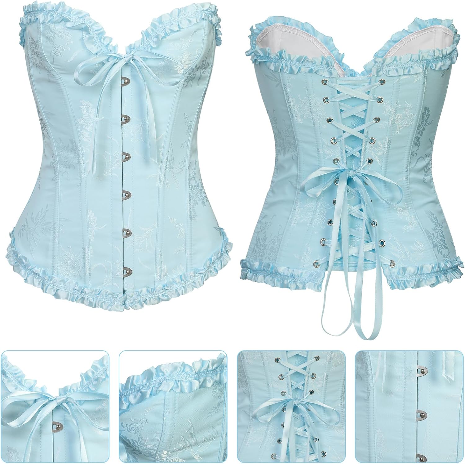Foaincore 6 Pcs Blue Princess Costume Set for Women Corset Top Lace Pumpkin Pants Socks Headband Collar Gloves - Image 2