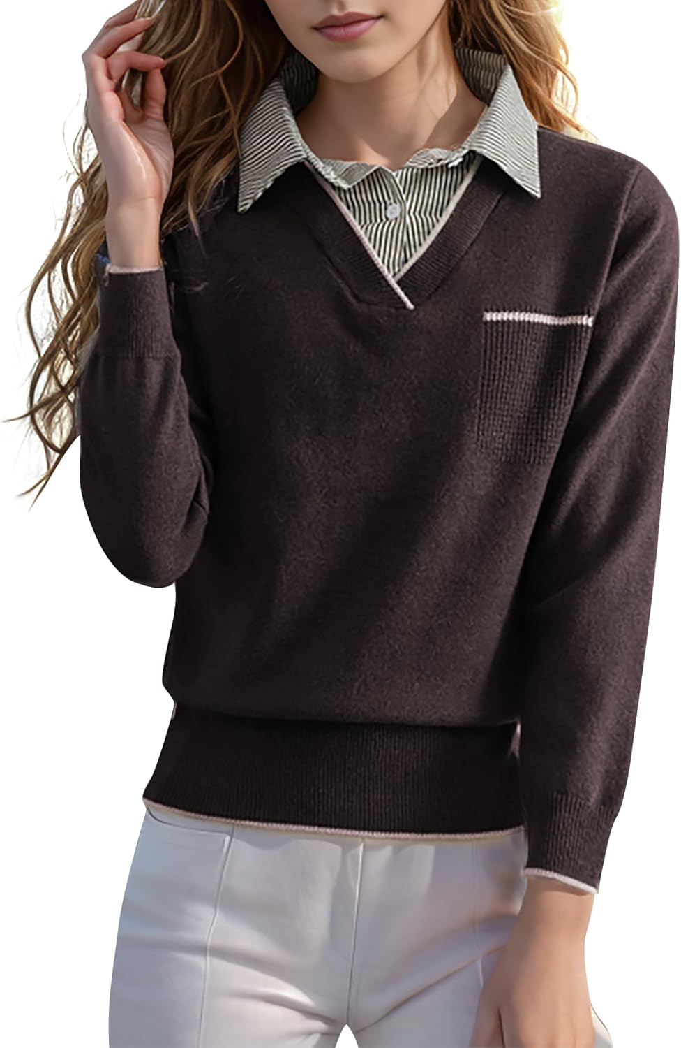 LAI MENG FIVE CATS Women's Fall Contrast Shirt Collar Casual Patchwork Long Sleeve Loose Pullover Blouse Tops