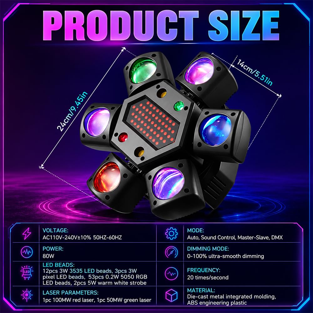 Discolicht Partylicht, HOVCEH DMX 512 Disco Licht mit Fernbedienung & Soundaktivierung, LED RGB Party Laser mit 540°-Drehung, Musikgesteuert DJ Disco Lichter für DJ Bar Hochzeit Geburtstag
