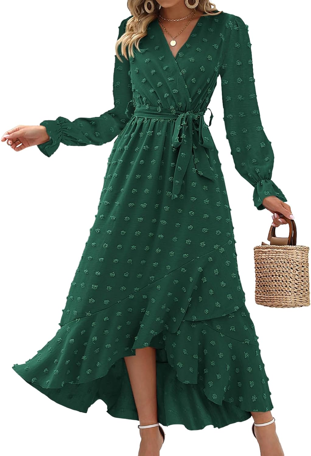 BTFBM Long Sleeve Maxi Dresses for Women V Neck Swiss Dot Boho Flowy Slit Cocktail Wedding Guest Dress Fall Clothes 2025