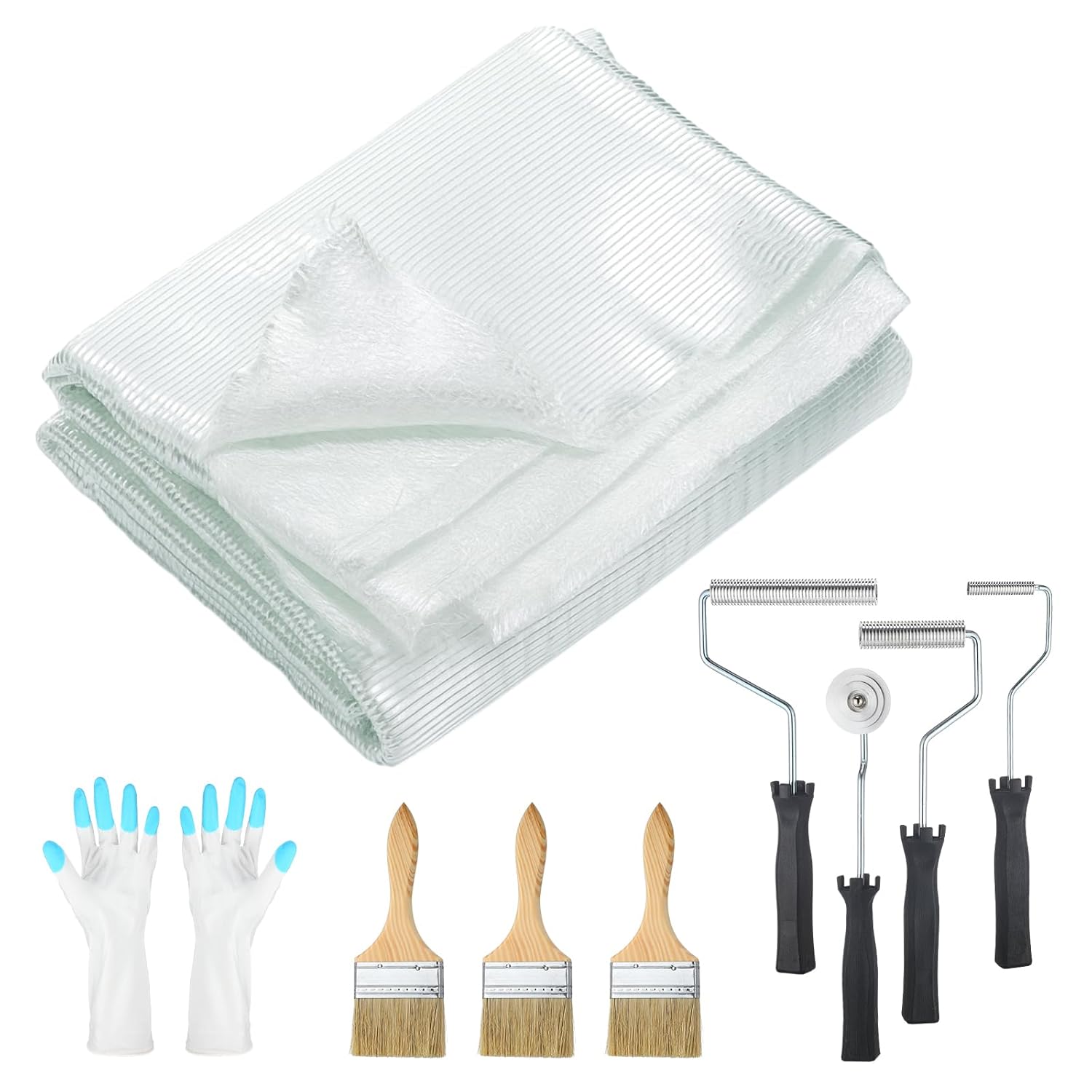 9 Pcs Fiberglass Cloth with Rollers Kit, 12 ft x 50 Inches 1708 Biaxial Fiberglass Cloth Roll, Fiber Glass Roller with Brushes and Glove, Fiber Glass Repair Kit for Shower Boat Tub