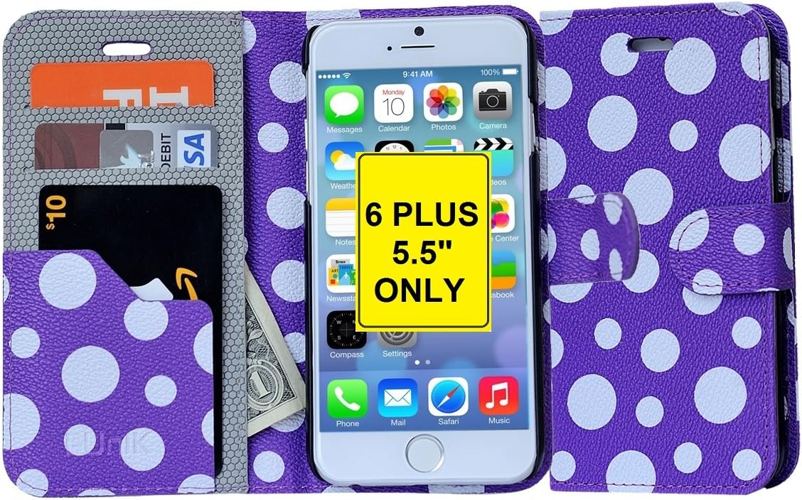 i-unik iPhone 6S+/6+ Plus Case, [Wallet Case] iPhone 6S+/6+ Plus 5.5 inch Case **Kickstand** Wallet Stand Flip Cover PU Leather Cover w/Card & ID Holder - (Purple Polka Dot)