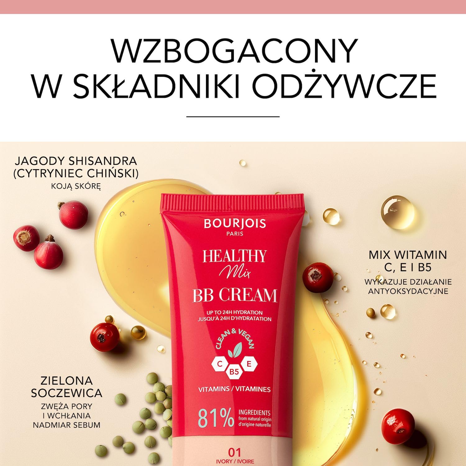 Bourjois Healthy Mix kryjący krem BB z kompleksem witamin C, E i B5 nr 01 Ivory, 30 ml