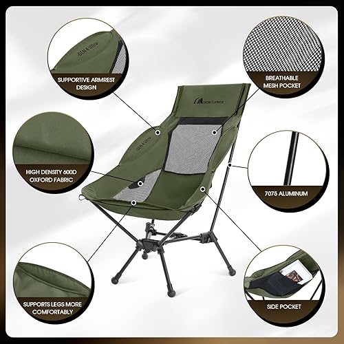 Miniatura 5 de MOON LENCE Silla de camping plegable de respaldo alto, silla compacta portátil de 330 libras con asiento ancho y respaldo ergonómico (verde)