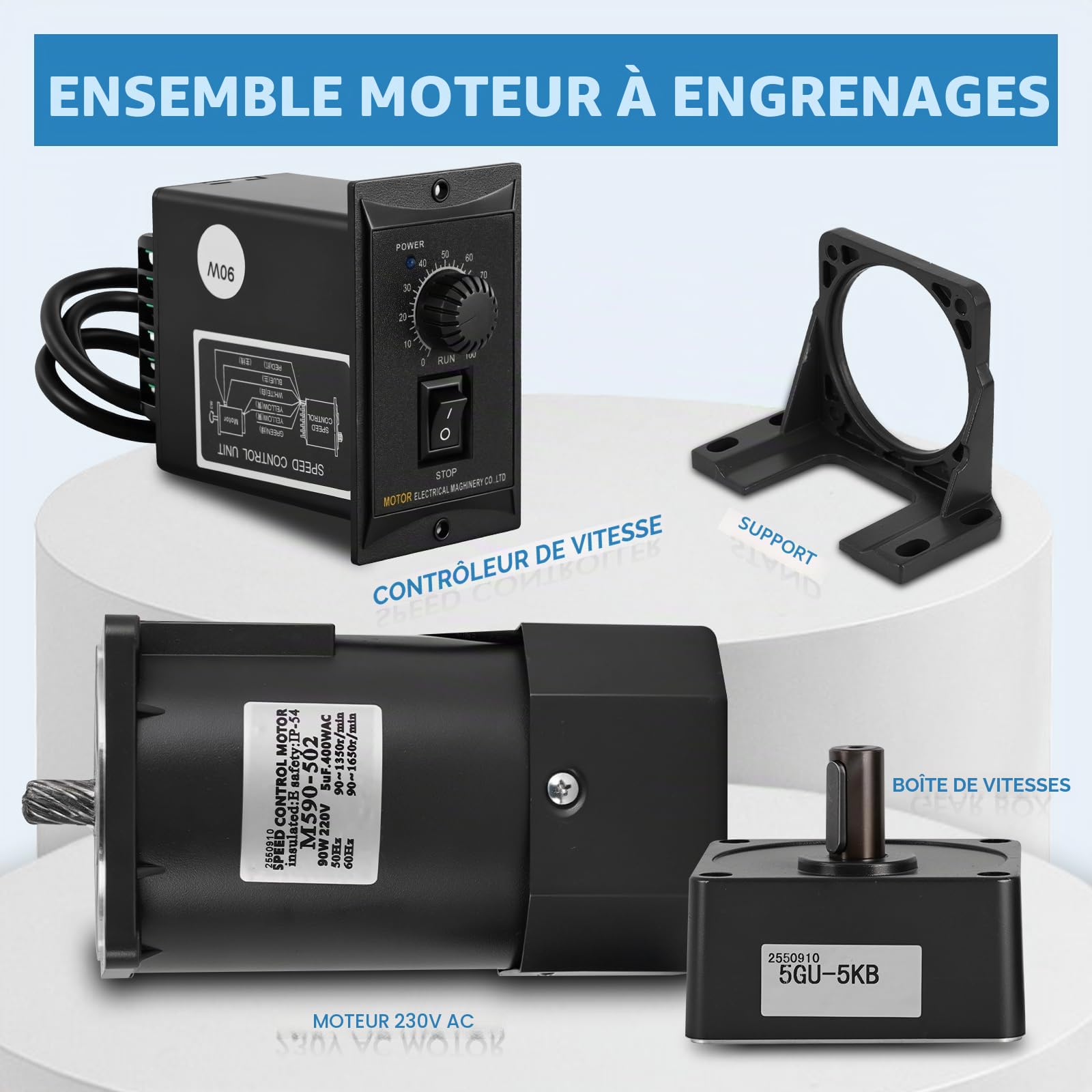 MXBAOHENG 90W Moteur à engrenages avec vitesse réglable Moteur électrique 220V AC Moteur monophasé à couple élevé et variateur de vitesse (sous-transmission 5K)