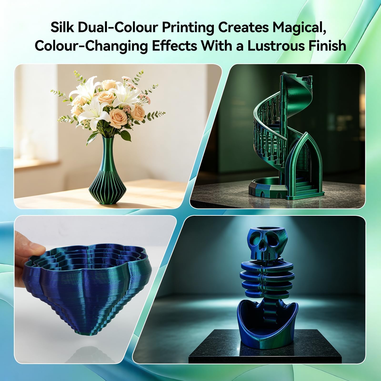 Kingroon Filamento PLA de doble color de 1.75 mm, color azul y verde, se adapta a la mayoría de impresoras 3D FDM, precisión dimensional +/- 0.03 mm, carrete de 2.2 libras, filamento brillante de