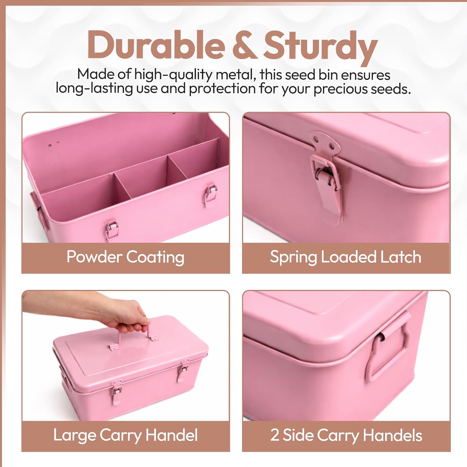 Seed Storage Organizer –Waterproof Metal Seed Box with Storage Bags, Dividers, 4 Compartments with Lid and Safety Locks , Portable Side Handles, Perfect for Garden Seeds, Lables & Tools -Matte Pink