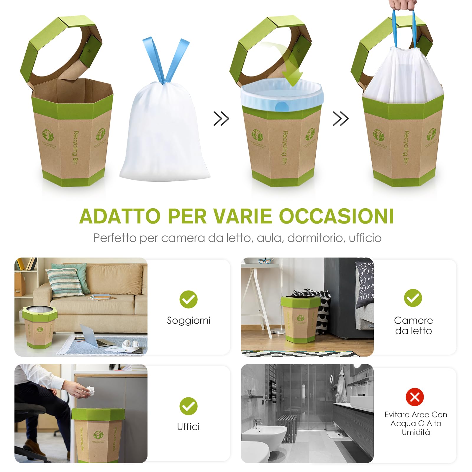 5-Pack Cestini di Cartone (12L) Riutilizzabili, Pieghevoli, Riciclabili, Senza Plastica- Cestini Spazzatura & Toilette di Emergenza per Bambini - Cestini per Ufficio, Camera da Letto, Uso in Movimento