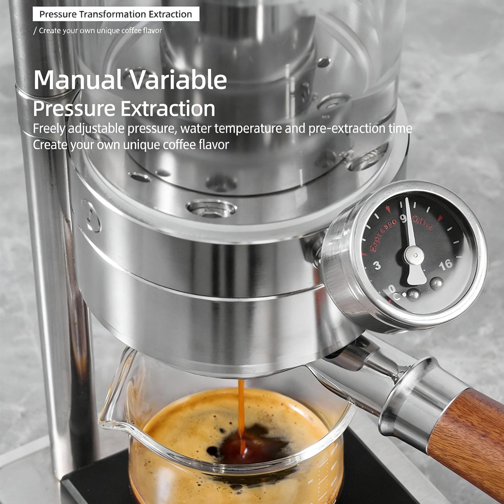 Cafetera portátil de palanca manual de acero inoxidable prensado a mano con presión de 1 a 16 bar, mango de madera maciza, portafiltro de 58 mm para capuchino, café con leche y macchiato