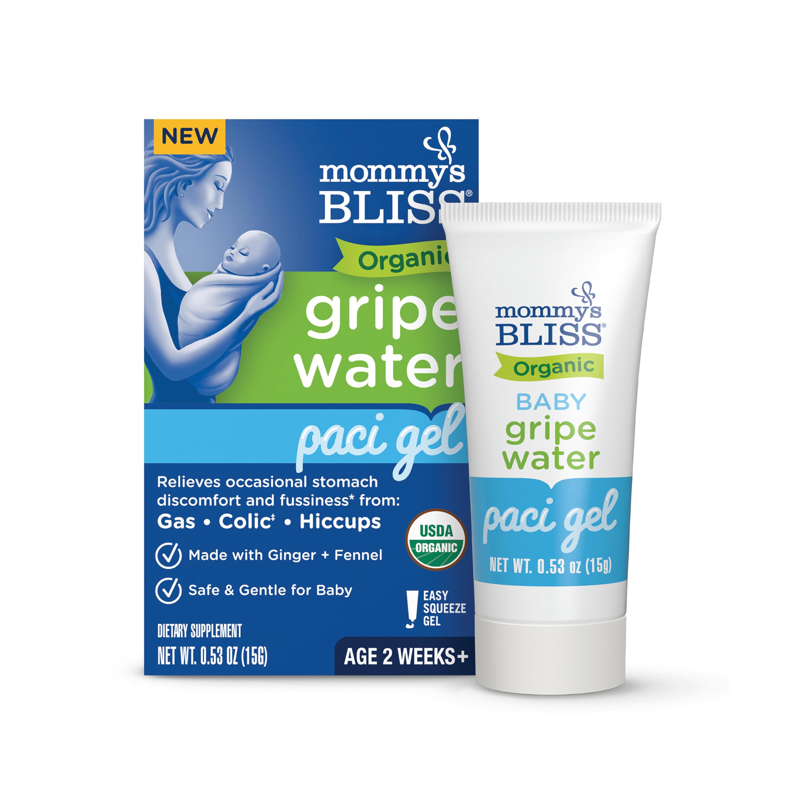 Mommy's Bliss Organic Gripe Water Pacifier Gel for Newborns, Relieves Occasional Stomach Discomfort from Gas, Colic & Fussiness*, Age 2 Weeks +, 0.53 Oz (45 Servings)