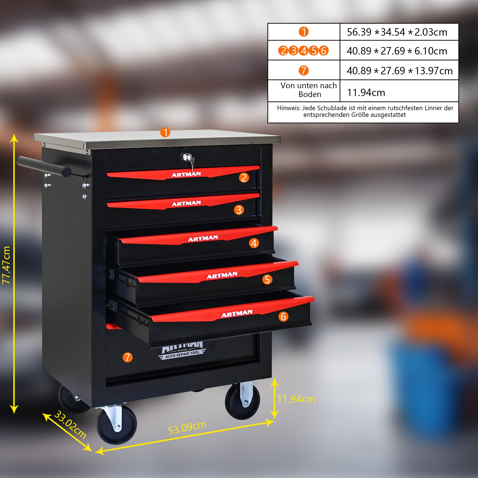 Carro de herramientas con ruedas, maletín rodante con 6 cajones, caja de herramientas de metal para garaje, taller, almacén, taller de reparación, carro de herramientas con techo de acero