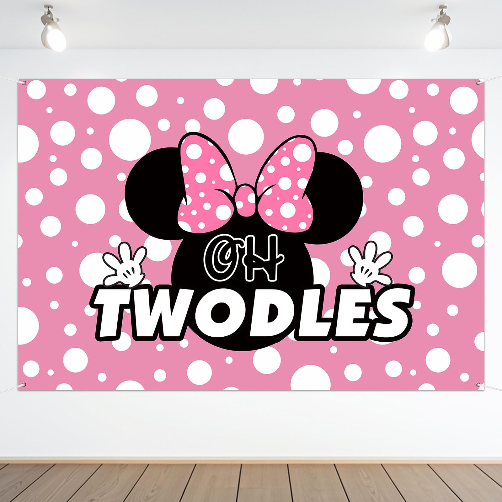 Oh Twodles - Pancarta de fondo rosa con dibujos animados de feliz segundo cumpleaños, decoración de fiesta temática de animación a dos años de edad, suministros de fondo de fotografía para niñas