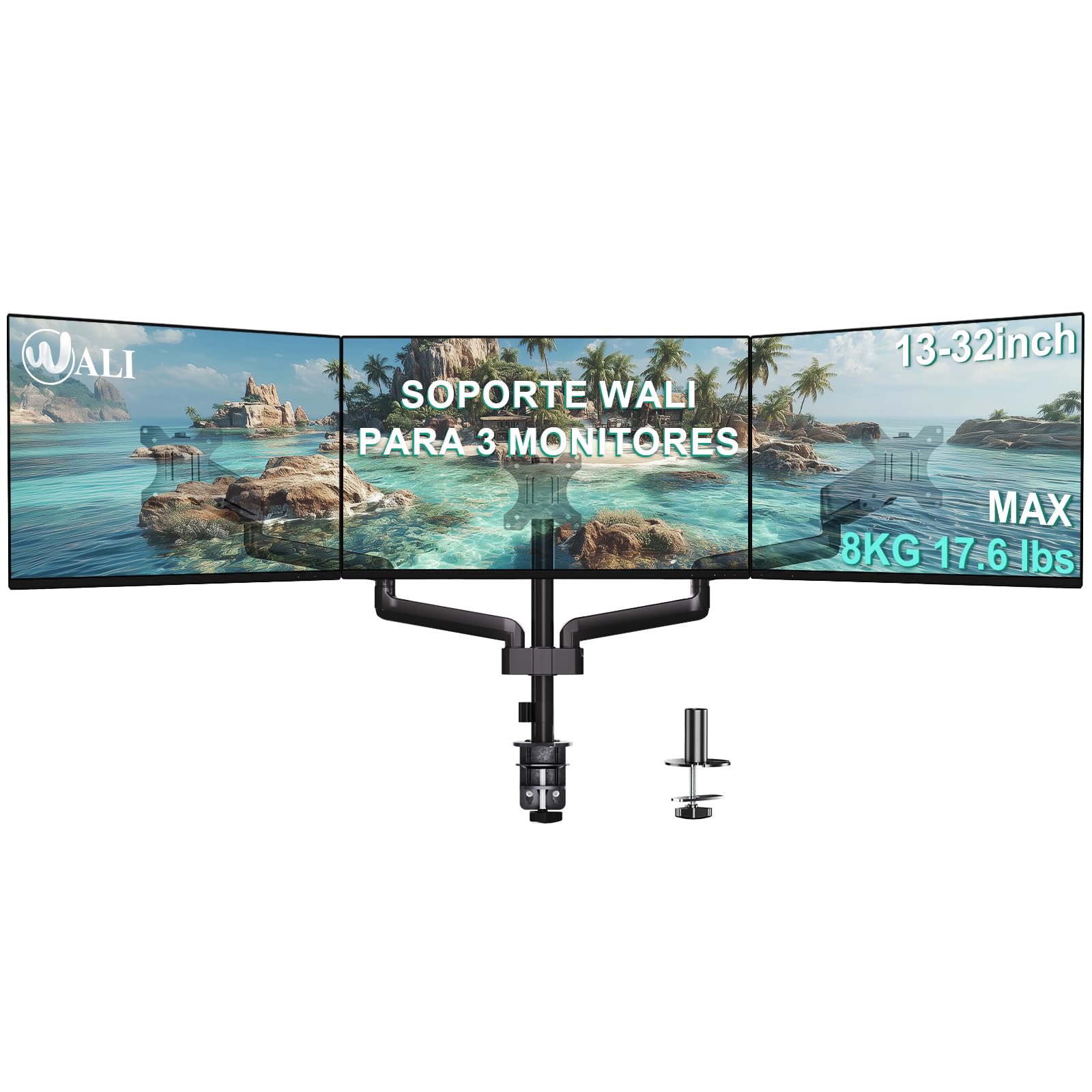 WALI Soporte para Tres Monitor para Pantalla para Pantallas de hasta 32 Pulgadas, Soporte de Monitor con Inclinación, Giro y Rotación, VESA 75 x 75/100 x 100 mm (GSDM003), Negro