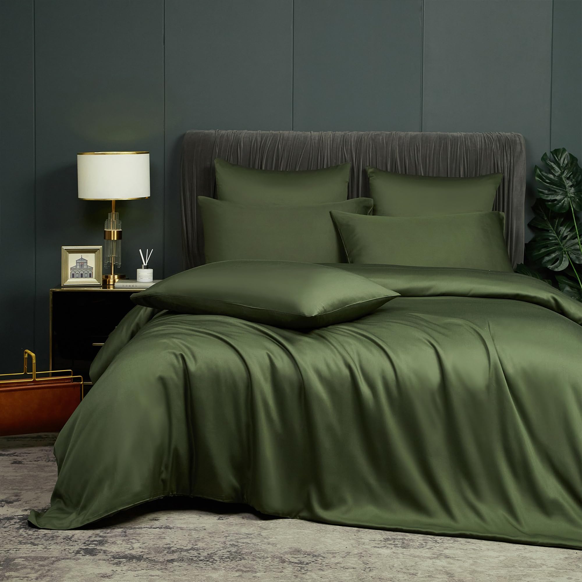 Luowei Kühlender Bettwäsche 135 x 200 cm 4 Teiliges Bambus Dunkelgrün Sommer Atmungsaktiv Bettwäsche Set aus Bambus Polyester,Weich Oeko-TEX Bettbezüge mit Reißverschluss und 2 Bettbezüge 80x80cm