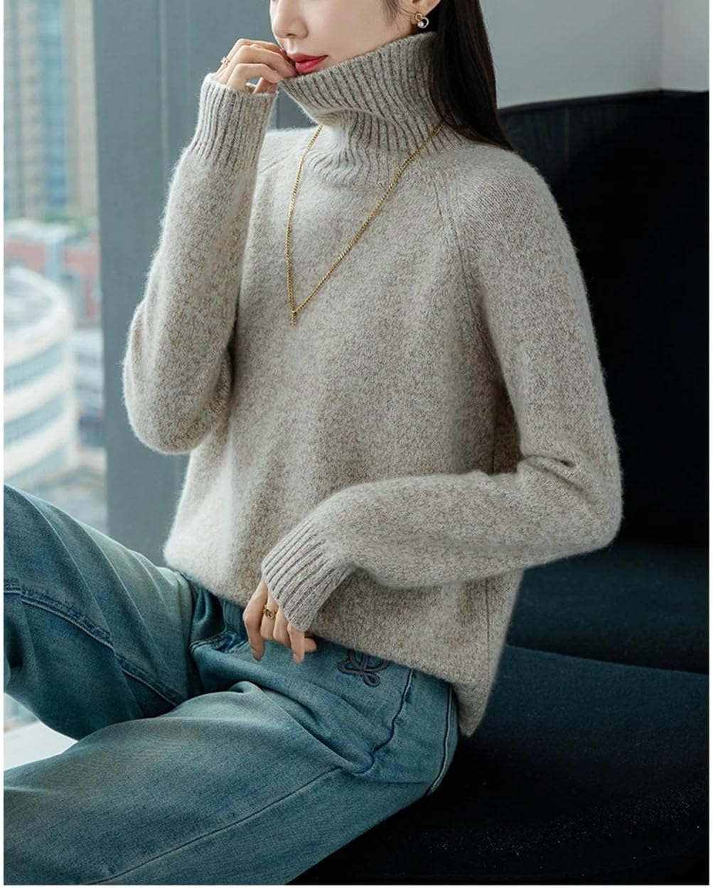 Women's 100% Wool Sweater Winter Chunky Warm Loose Pullover Jumper Long Sleeve Turtleneck Soft Knitted Tops