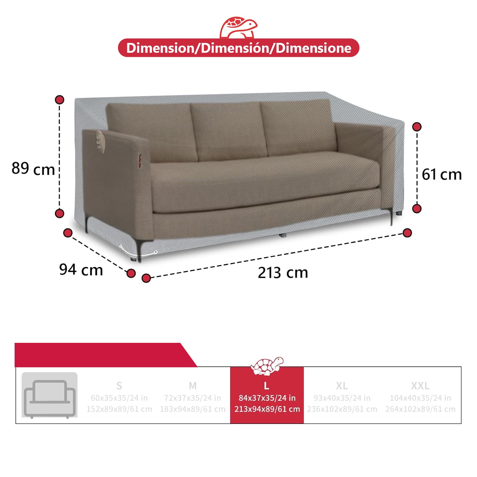 Housse de canapé de jardin Turtle Life, imperméable, pour banc 3-4 places, ne se décolorera pas 2 ans, gris, 213 x 94 x 89 cm