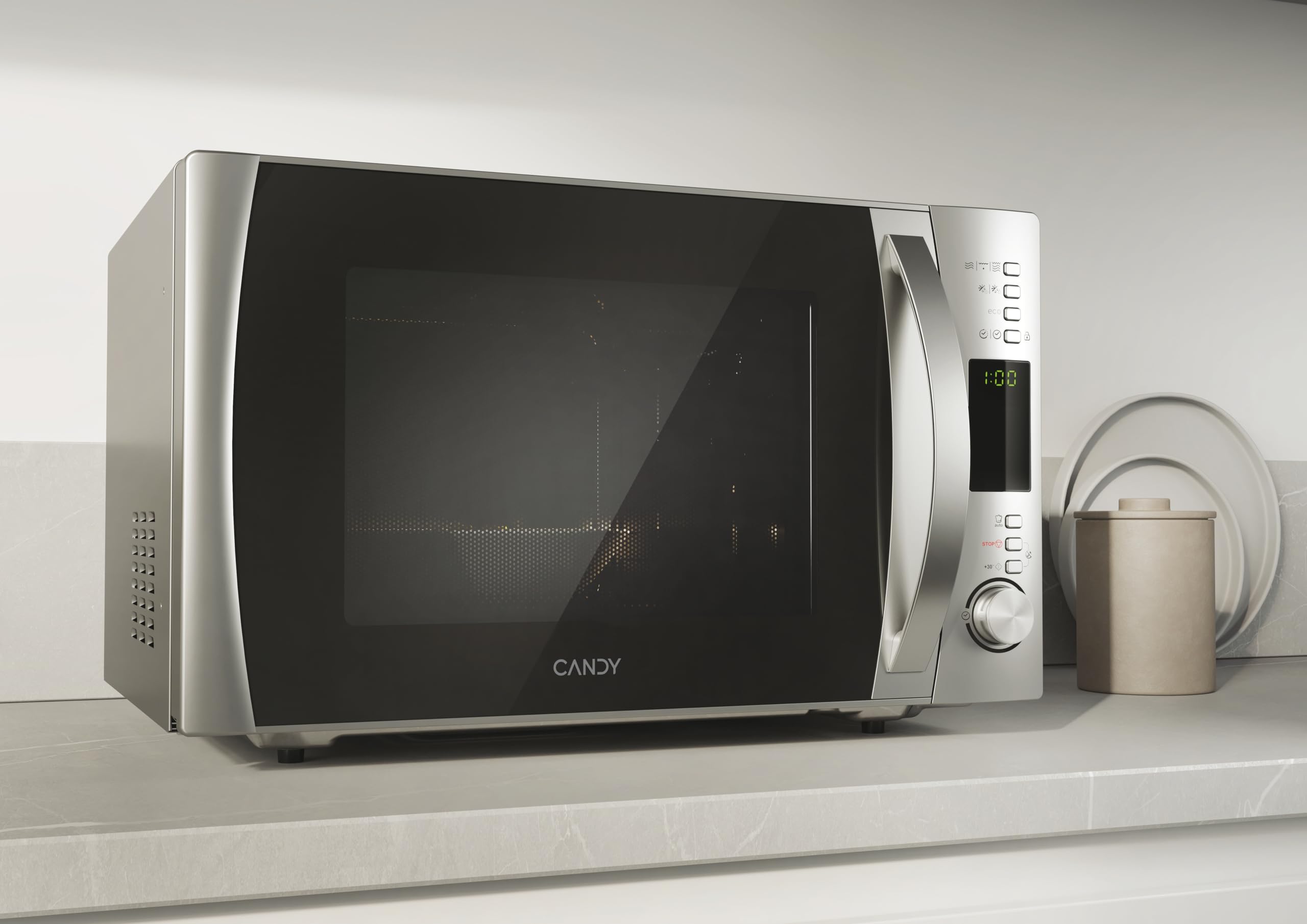 Candy COOKinAPP Forno a Microonde con Grill, 30 Litri, 900W, 40 Programmi, App Simply-Fi, Funzione ECO, Programma Baby, Child Lock, Libera Installazione, 52 x 43,5 x 32,6 cm, Argento - CMXG30DS