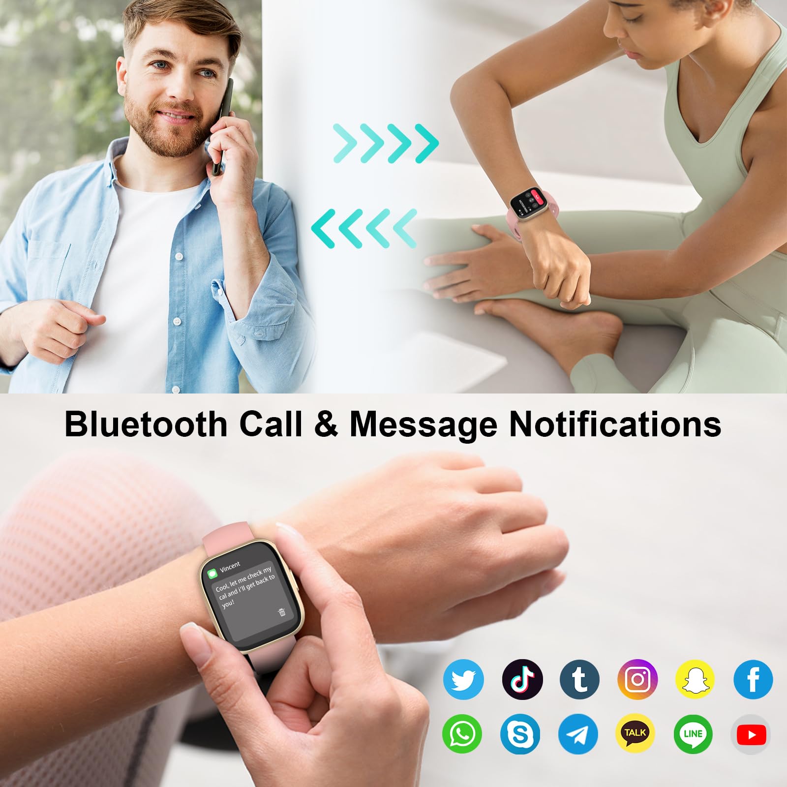 Smartwatch Uomo Donna, 1.85" Orologio Smartwatch Rispondi/Effettua Chiamate, 112 Sportivo, Impermeabil IP68 Sportivo Watch con Sonno/Cardiofrequenzimetro, Fitness Smart watch per Android iOS, rosa