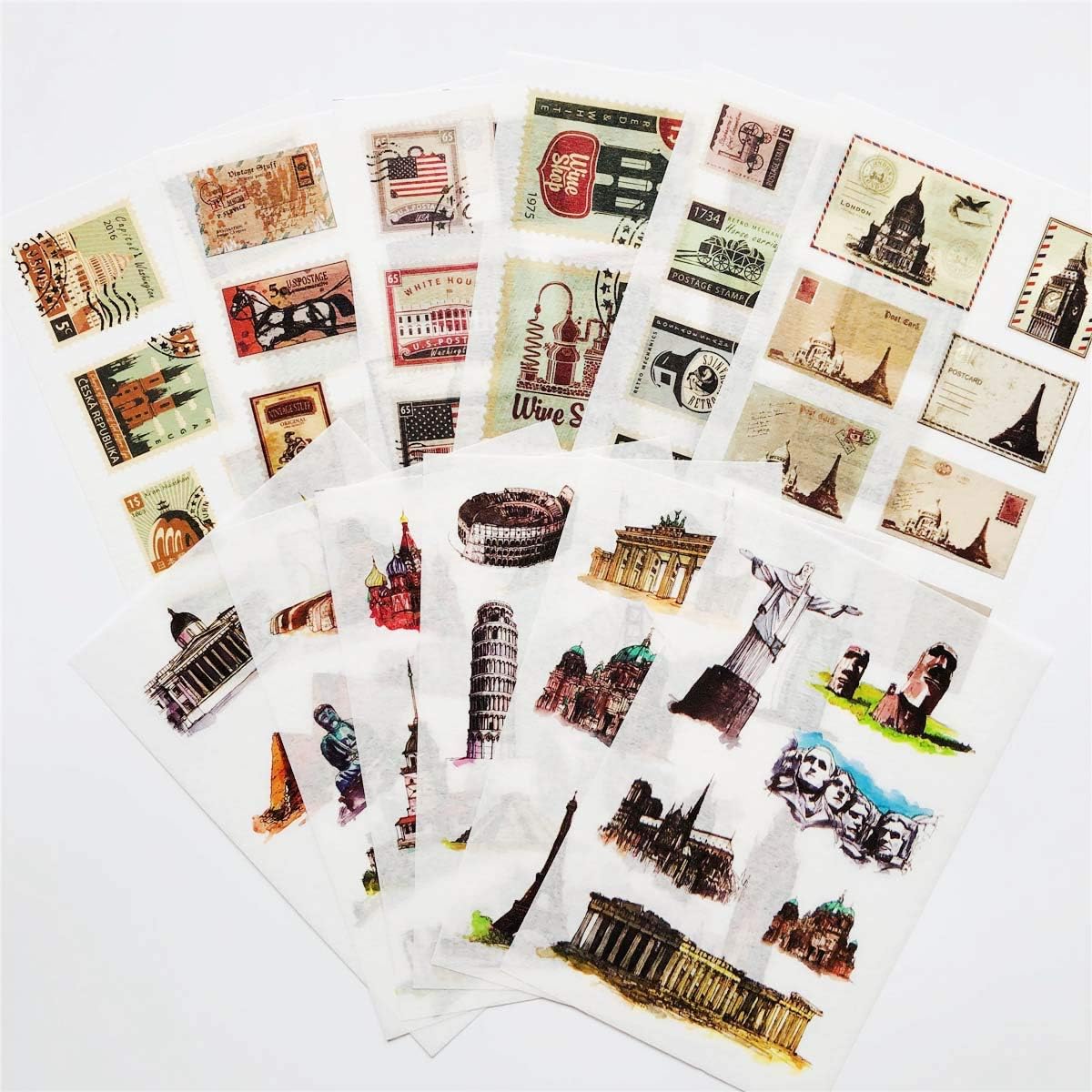12 Sheets/Pack Vintage Stamps and Famous Building Washi Paper Stickers Creative Notebook Diary Scrapbook Pencil case Planners Bullet Journals Decals Label Decoration (Retro Stamp and Building)