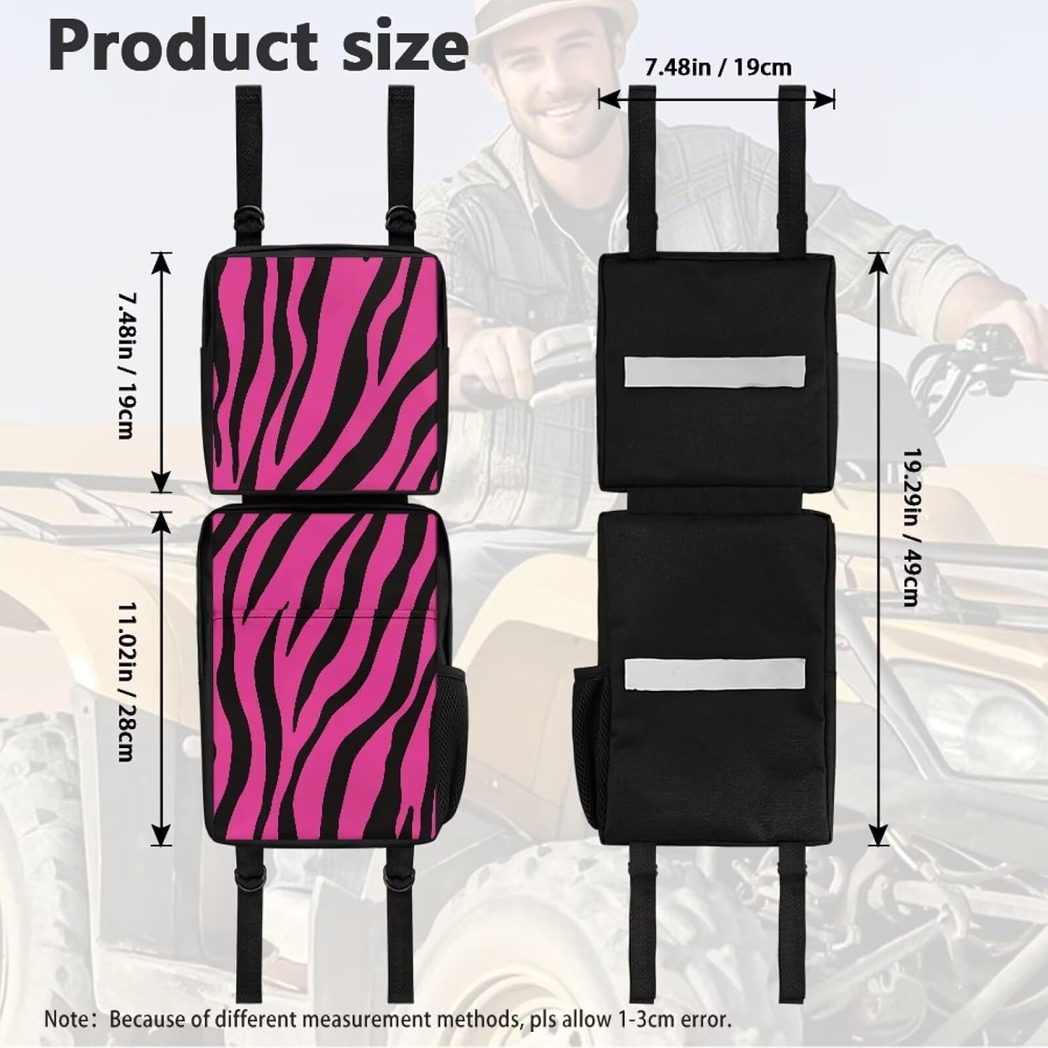 SEANATIVE ATV Fender Bag Pink Zebra Stripes Rear Storage Bags With Drink Holder Detachable ATV Gear Bag Compatible Most 4 Wheeler Accessories Hanging Cargo Bags