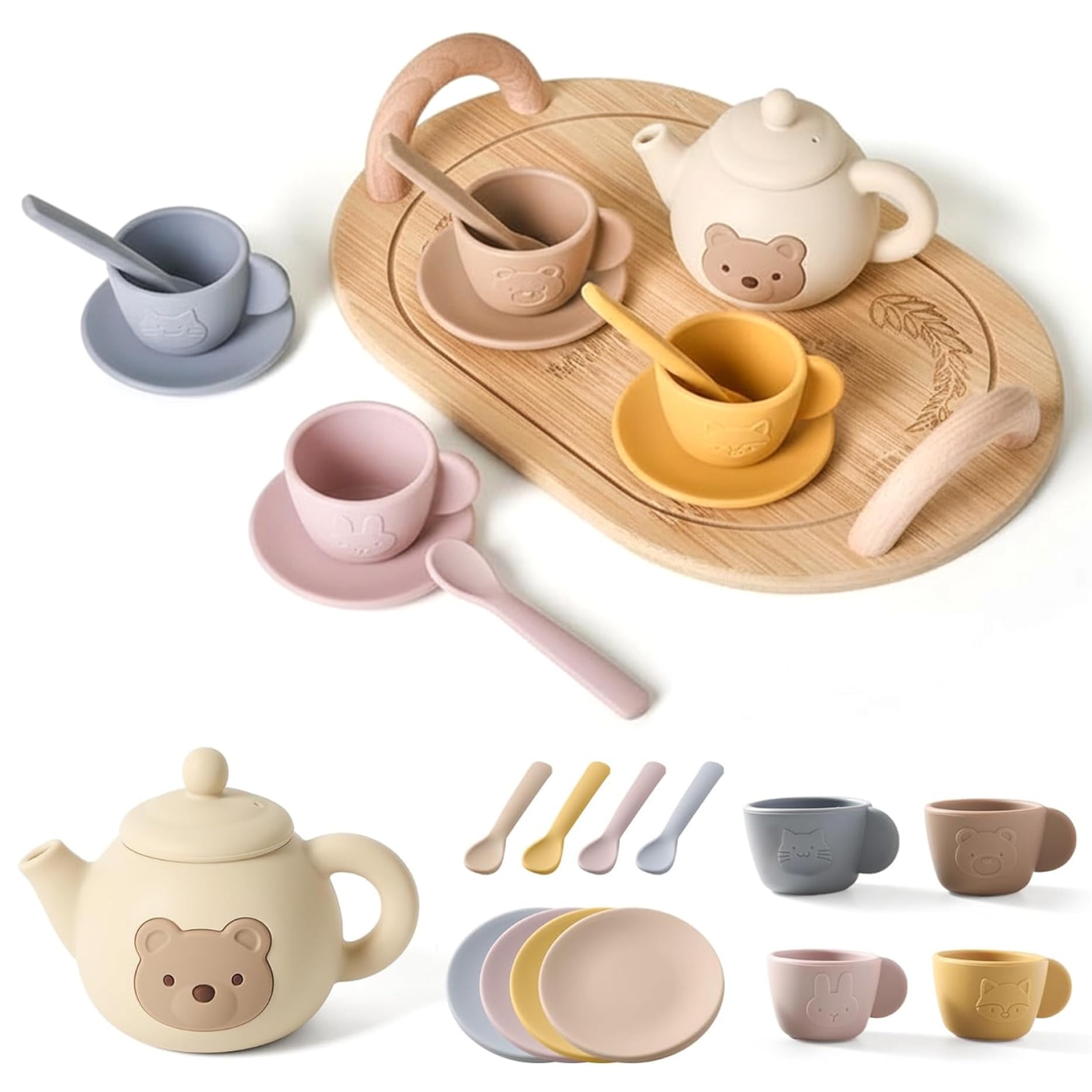 Tea Party Set, Tea Sets for Toddlers 3-5, Educational Party Set with Silicone Teapot, Cups, Coasters with Serving Spoon for Girls and Boys, Toddler