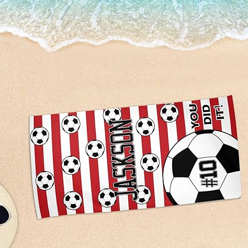 Miniatura 5 de Artsadd Toalla de baño personalizada para niños, toallas de playa personalizadas en rojo, blanco y fútbol con nombre, toallas de playa