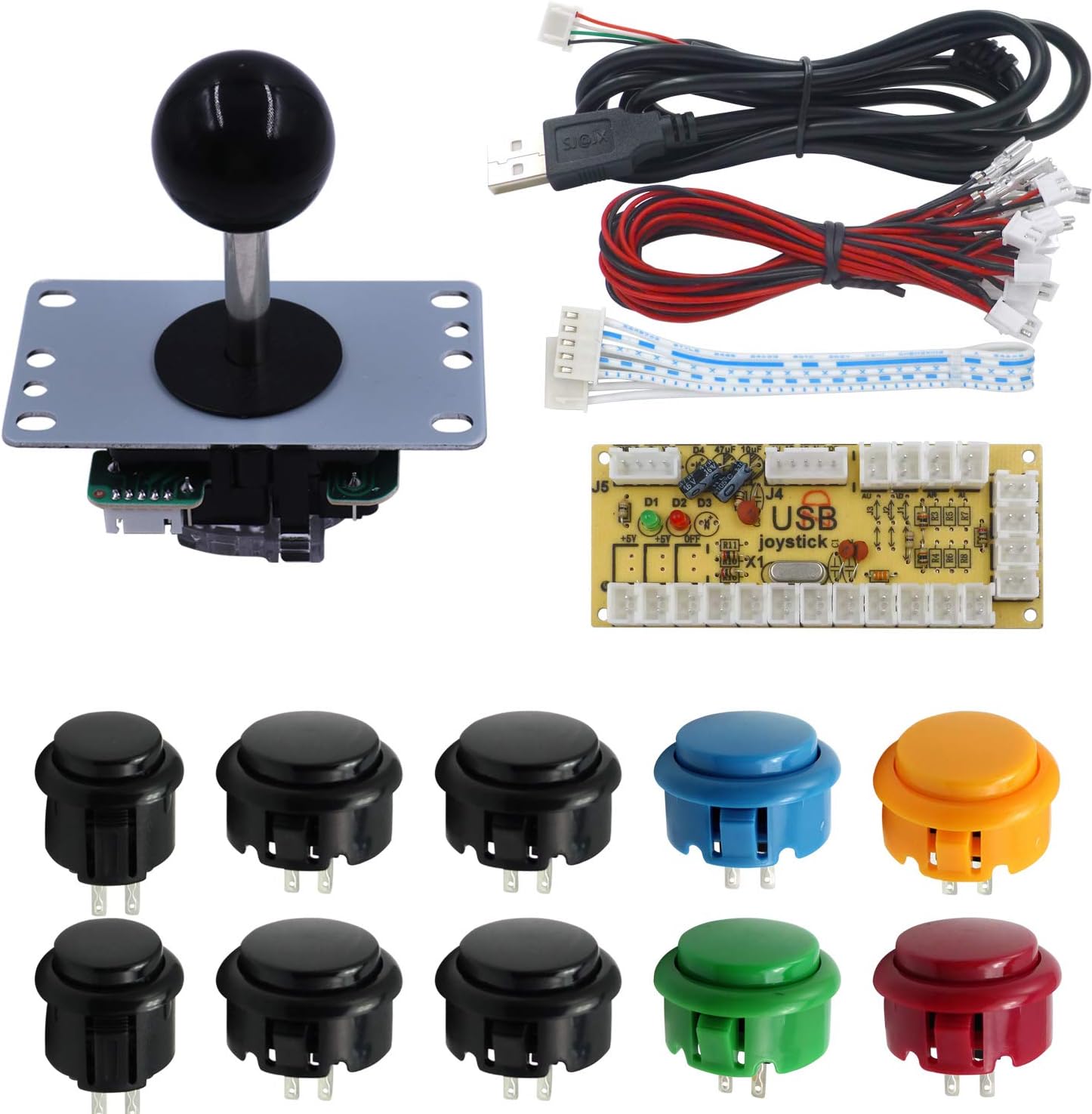 SJ@JX SJJX DIY Arcade Game Button and Joystick Controller Kit for Rapsberry Pi and Windows,5 Pin Joystick and 10 Push Buttons 822a Mix Black