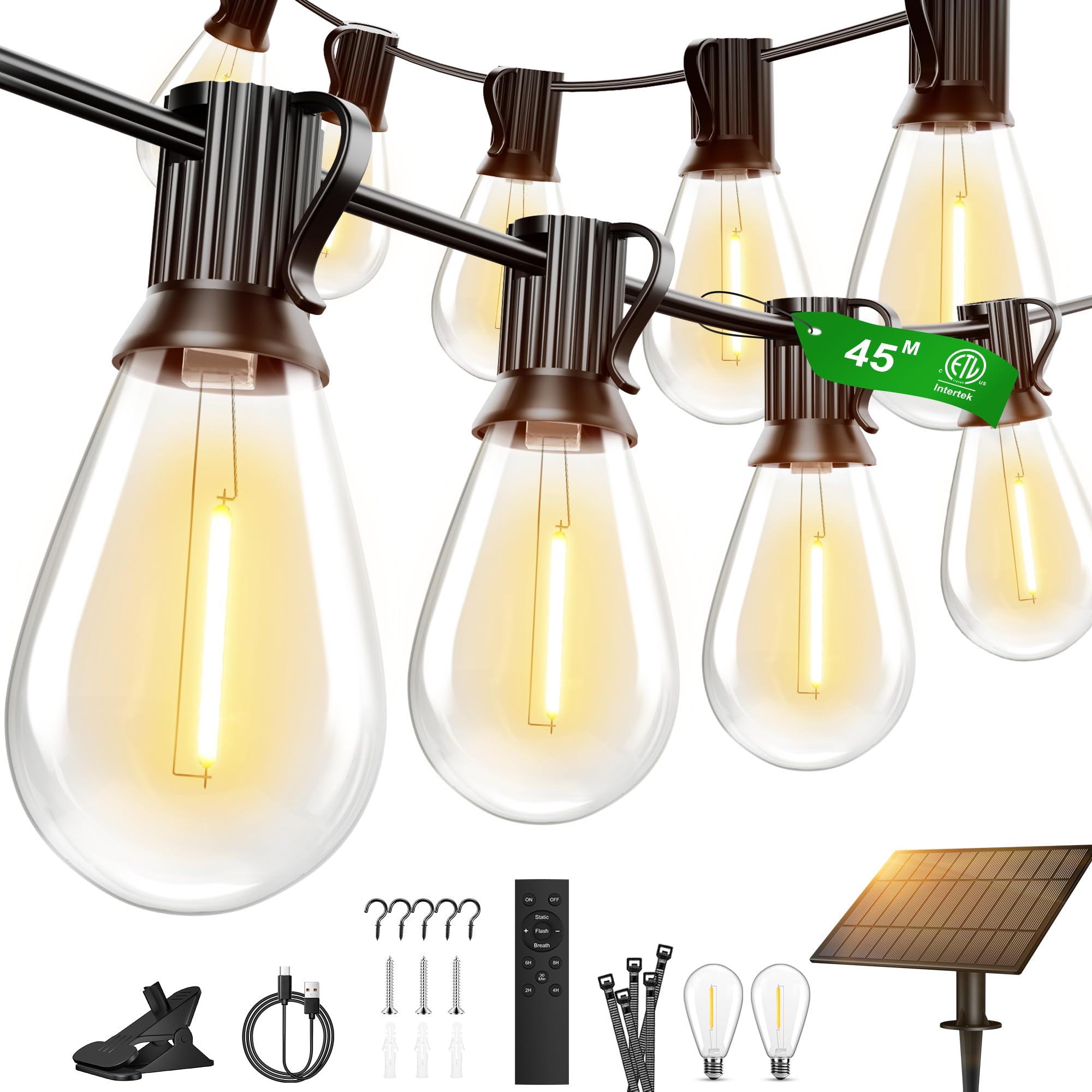 OHLUX Luci solari da giardino da 45,7 m, con telecomando, 62 lampadine LED S11 dimmerabili, impermeabilità IP65, infrangibili, 2200 K, E12, per patio